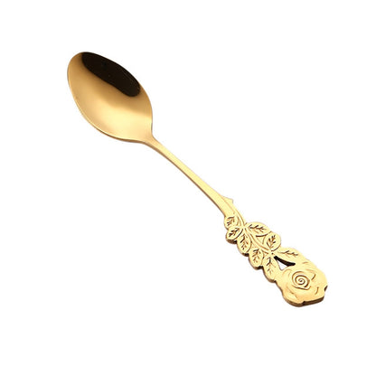 Small Mini Stainless Steel Rose Flower Coffee Spoon Strring Spoon Teaspoon Tea Spoon Dessert Spoon Long Handle Tableware(Titanium Gold) by bashfashion