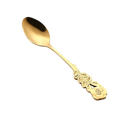 Small Mini Stainless Steel Rose Flower Coffee Spoon Strring Spoon Teaspoon Tea Spoon Dessert Spoon Long Handle Tableware(Titanium Gold) by bashfashion