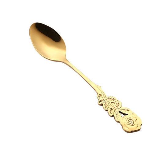 Small Mini Stainless Steel Rose Flower Coffee Spoon Strring Spoon Teaspoon Tea Spoon Dessert Spoon Long Handle Tableware(Titanium Gold) by bashfashion