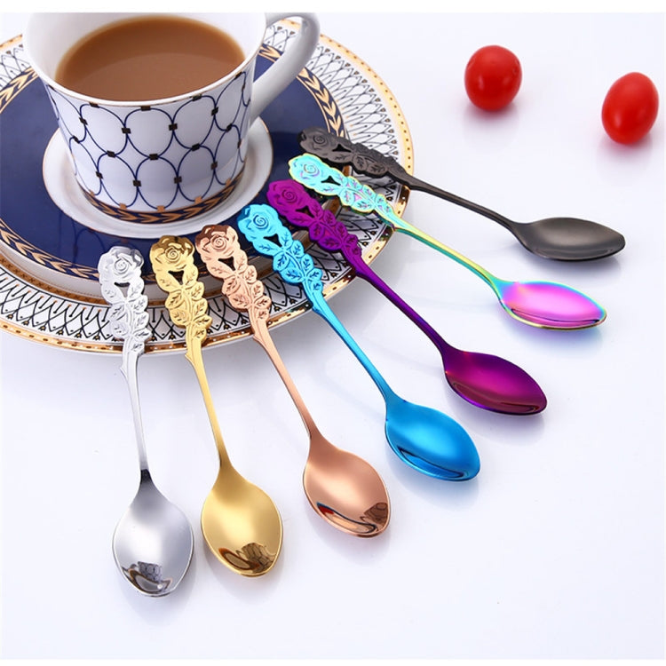 Small Mini Stainless Steel Rose Flower Coffee Spoon Strring Spoon Teaspoon Tea Spoon Dessert Spoon Long Handle Tableware(Titanium Gold) by bashfashion