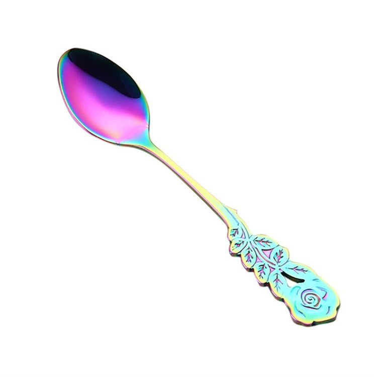 Small Mini Stainless Steel Rose Flower Coffee Spoon Strring Spoon Teaspoon Tea Spoon Dessert Spoon Long Handle Tableware(Multicolor) by bashfashion
