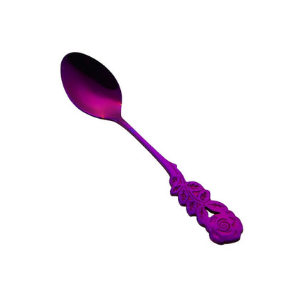 Small Mini Stainless Steel Rose Flower Coffee Spoon Strring Spoon Teaspoon Tea Spoon Dessert Spoon Long Handle Tableware(Purple) by bashfashion