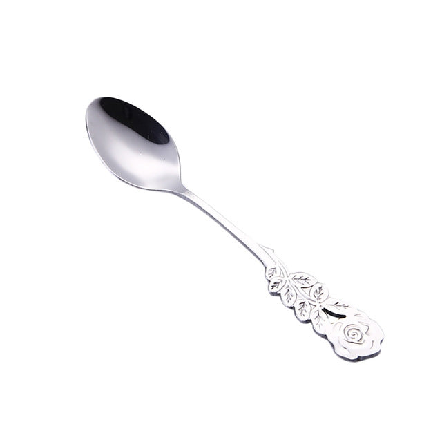 Small Mini Stainless Steel Rose Flower Coffee Spoon Strring Spoon Teaspoon Tea Spoon Dessert Spoon Long Handle Tableware(Silver) by bashfashion