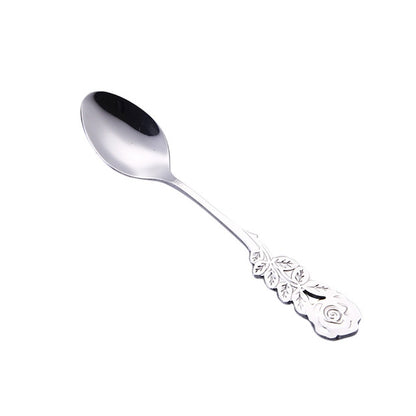 Small Mini Stainless Steel Rose Flower Coffee Spoon Strring Spoon Teaspoon Tea Spoon Dessert Spoon Long Handle Tableware(Silver) by bashfashion