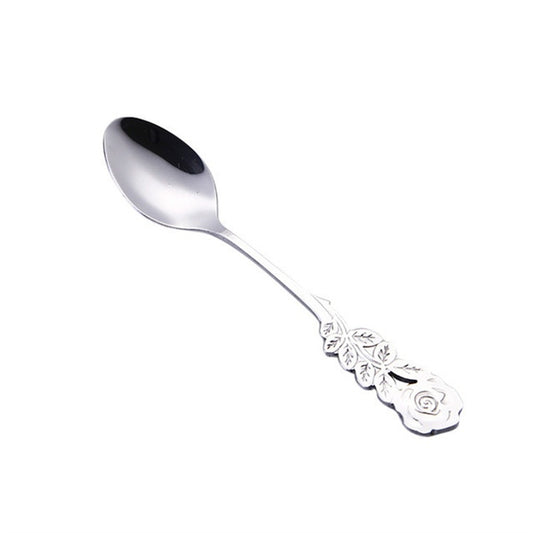 Small Mini Stainless Steel Rose Flower Coffee Spoon Strring Spoon Teaspoon Tea Spoon Dessert Spoon Long Handle Tableware(Silver) by bashfashion