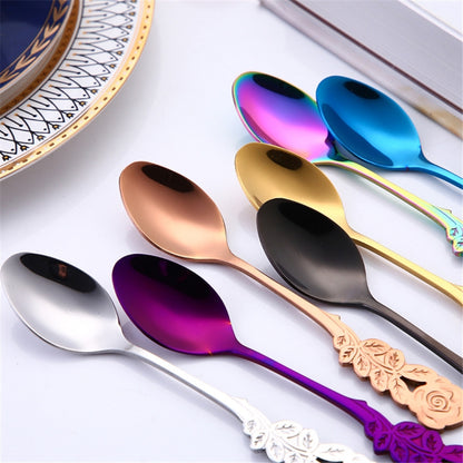 Small Mini Stainless Steel Rose Flower Coffee Spoon Strring Spoon Teaspoon Tea Spoon Dessert Spoon Long Handle Tableware(Silver) by bashfashion