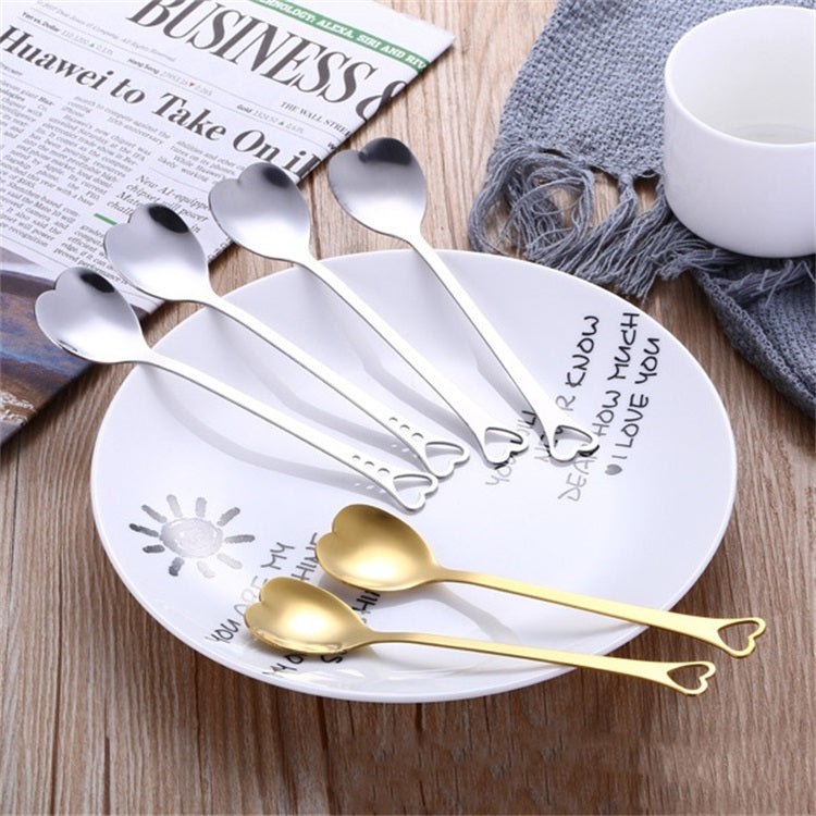 2 PCS Stainless Steel Spoon Portable Metal Coffee Teaspoon Creative Love Heart Shaped Wedding Party Gift Dinnerware, Color:Silver Single Hole Love by bashfashion