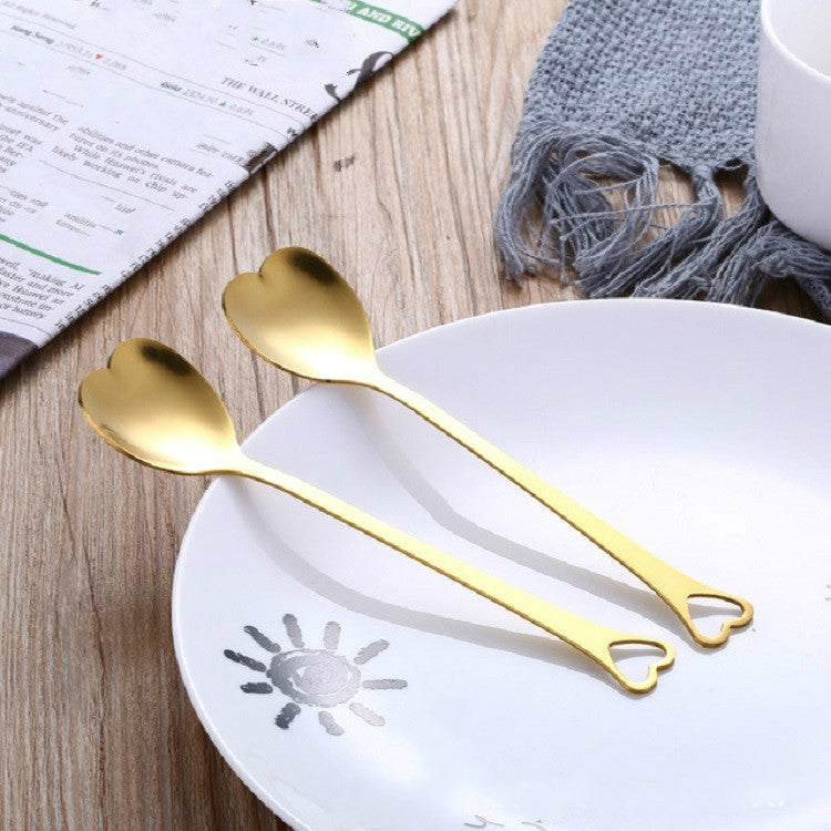 2 PCS Stainless Steel Spoon Portable Metal Coffee Teaspoon Creative Love Heart Shaped Wedding Party Gift Dinnerware, Color:Gold Single Hole Love by bashfashion
