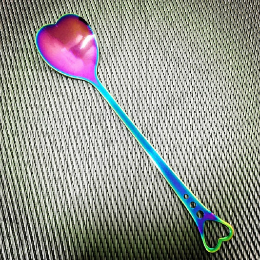 2 PCS Stainless Steel Spoon Portable Metal Coffee Teaspoon Creative Love Heart Shaped Wedding Party Gift Dinnerware, Color:Colorful Porous Love by bashfashion