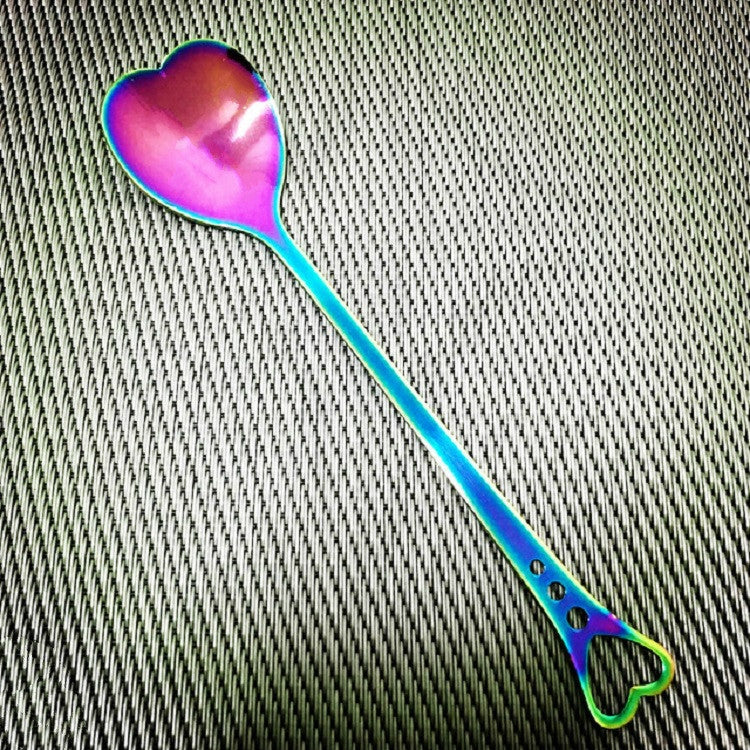 2 PCS Stainless Steel Spoon Portable Metal Coffee Teaspoon Creative Love Heart Shaped Wedding Party Gift Dinnerware, Color:Colorful Porous Love by bashfashion