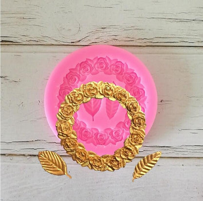 2 PCS Rose Garland Rose Leaf Silicone Fondant Mold Cake Edging Decoration Tool Baking Glue Mold(Pink) by bashfashion
