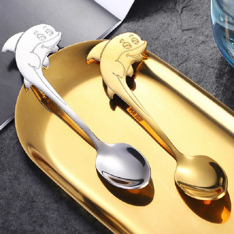 2 PCS Stainless Steel Dolphin Shape Cartoon Coffee Stirring Spoon Ice Cream Spoon Child Feeding Spoon(Gold) by bashfashion