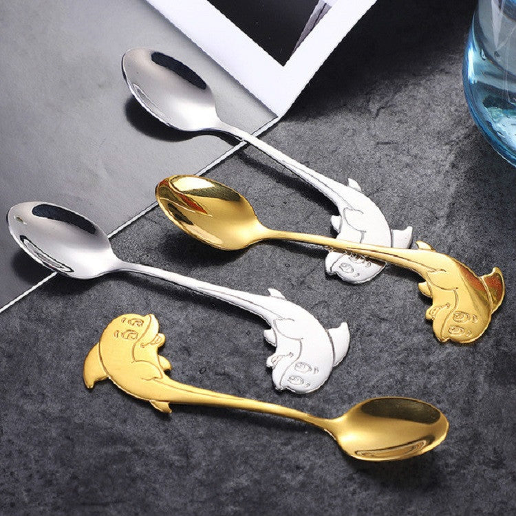 2 PCS Stainless Steel Dolphin Shape Cartoon Coffee Stirring Spoon Ice Cream Spoon Child Feeding Spoon(Gold) by bashfashion